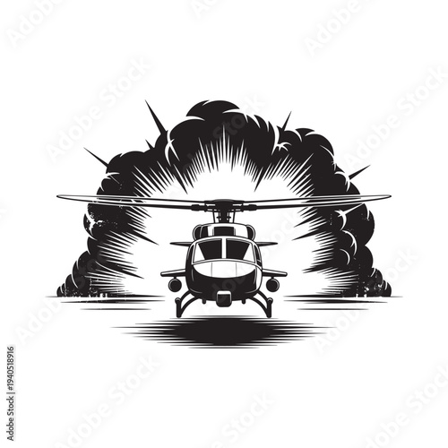 A striking black and white illustration depicts a helicopter amidst an explosive radiating burst of energy