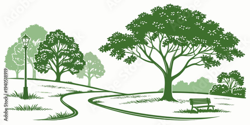 Green eco park with trees, grass, and walking path, ecofriendly landscape design