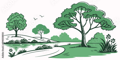 Vector illustration of a serene green eco park with trees, pond, and winding path in a flat design style.