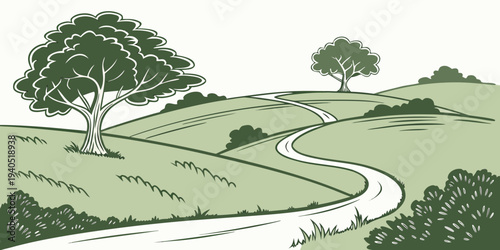 Serene countryside landscape with winding path through green hills and trees, evoking a sense of peace and tranquility in a rural setting.