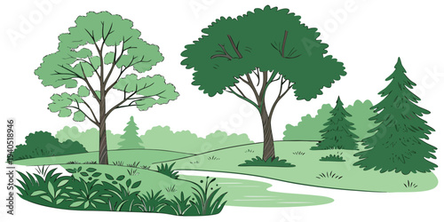 Vector illustration of a serene green eco park with trees and a pond, promoting environmental conservation and sustainability.