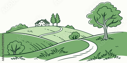 Serene countryside landscape with winding path, green hills, and a secluded house in the distance, evoking a sense of peacefulness.