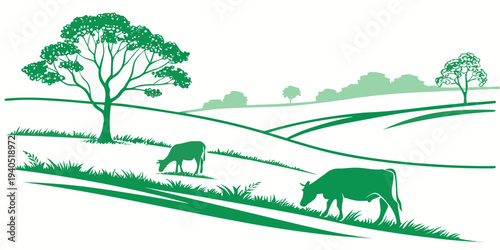 Minimal flat illustration of grazing cattle in a serene green pasture landscape with trees and rolling hills.