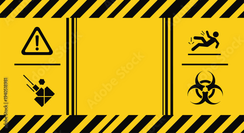 Yellow hazard warning background, industrial safety caution banner, construction sign frame, danger alert symbol, workplace security vector illustration