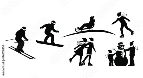 A collection of winter sports figures skiing snowboarding skating and snowman building in black silhouette high quality professional detailed