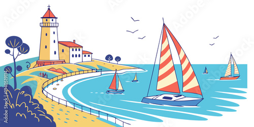 Colorful sailboats glide across a serene harbor bay near a historic lighthouse and buildings by the sea.