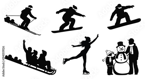 A collection of winter sports activities depicted in stark black silhouettes showcasing skiing snowboarding and ice skating silhouette high quality professional