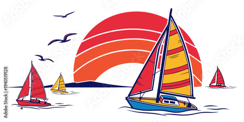 Sailboats on a harbor bay with a bold sunset gradient and colorful sky