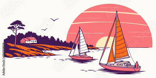 Sailing boats in a serene harbor bay at sunset with a vibrant gradient sky and colorful scenery