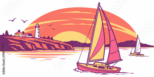 Sailing boats in harbor bay with lighthouse at sunset, colorful gradient illustration