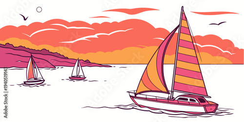 Serene harbor bay with sailboats during a vibrant sunset gradient, evoking a sense of calm and tranquility.