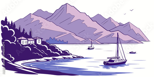 Serene harbor bay with layered purple mountains and sailboats in a tranquil, idyllic landscape, perfect for travel and leisure themes.