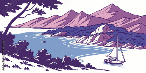 Serene harbor bay with sailboat, layered purple mountains, and blue water, evoking a sense of calmness and adventure.