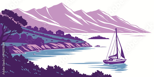 Serene harbor bay with sailboat, layered purple mountains, and blue water, evoking a sense of calmness and adventure.