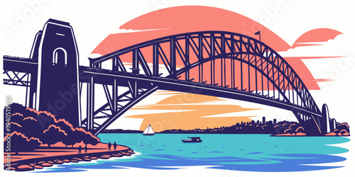Vibrant illustration of Sydney Harbour Bridge at sunset with vivid blue bay and orange sky, perfect for travel and tourism themes.