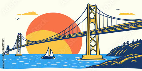 Golden Gate Bridge over blue sea with glowing sunset sky and sailboat, scenic landscape illustration