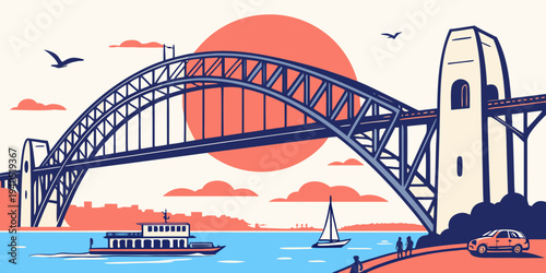 Harbor bridge over blue sea with glowing sunset sky, sailboat, ferry, and car by the water, scenic landscape illustration.