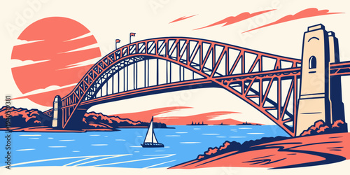 Harbor bridge over blue sea with glowing sunset sky and sailboat, scenic landscape illustration