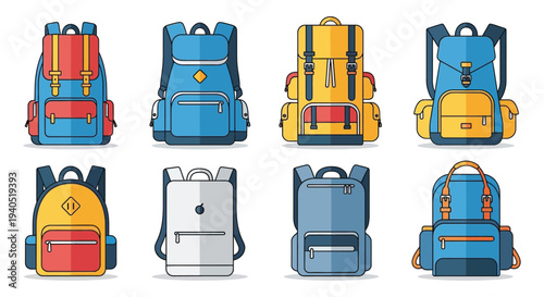 A colorful collection of school backpacks in various styles and designs presented as a flat vector silhouette high quality professional detailed