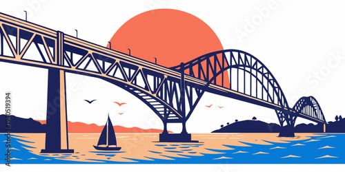 Harbor bridge over blue sea with glowing sunset sky and sailboat, scenic landscape illustration