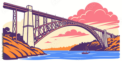 Harbor bridge over blue sea with glowing sunset sky and sailboat, scenic landscape illustration