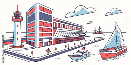 Vibrant harbor cityscape with modern geometric architecture, lighthouse, and sailboats in a bustling port environment.
