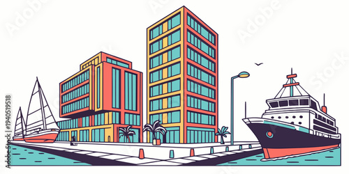 Vibrant harbor cityscape with modern geometric buildings and cargo ship docked at port, showcasing urban waterfront architecture.
