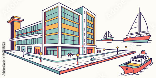 Vibrant harbor cityscape with modern geometric buildings and sailboats