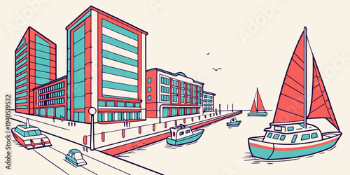 Vibrant harbor cityscape with modern geometric architecture, sailboats, and urban activity in a stylized illustration.