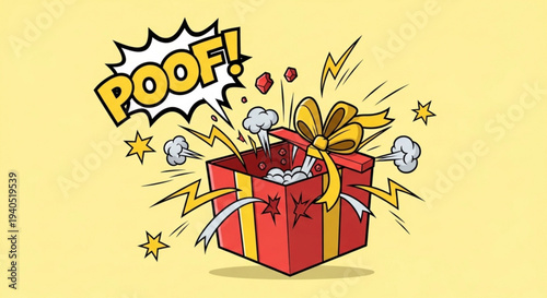 Surprise gift box explodes with comic book style effects and poof text