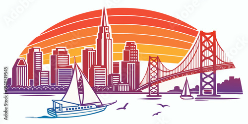 San Francisco city skyline at sunset with sailboat and bridge, California harbor landscape