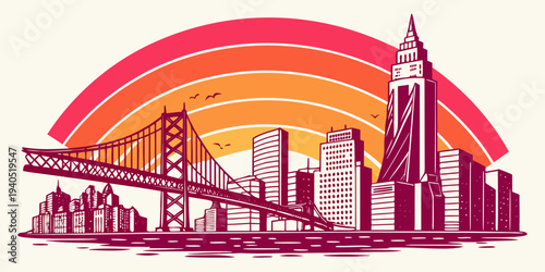 Vibrant city skyline with iconic bridge and tower at sunset background