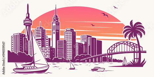 Vibrant city skyline with sailboats and bridge at serene gradient sunset background, evoking a sense of calmness and urban beauty.