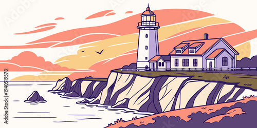 Illustration of a serene cliffside lighthouse at colorful sunset, overlooking ocean waves.