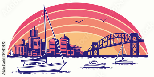 Harbor city skyline with sailboats and bridge at vibrant gradient sunset background, scenic urban waterfront landscape