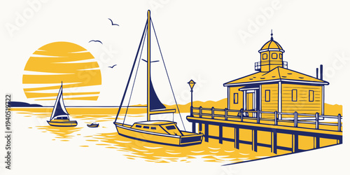 Golden sunrise harbor scene with sailboat docked at pier and lighthouse