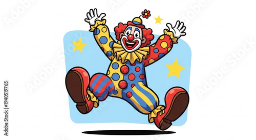Jubilant clown jumping with excitement in colorful costume against starry blue background expressing joy and playfulness