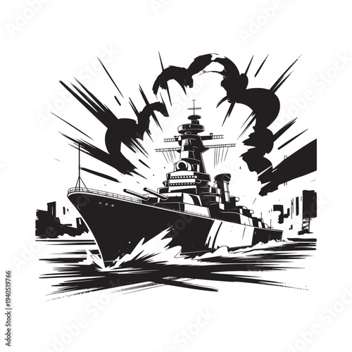 A dramatic black and white illustration depicts a naval battleship steaming forward amidst explosive bursts and waves