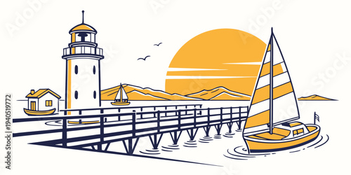 Serene harbor dock at sunrise with golden reflections, sailboat and lighthouse