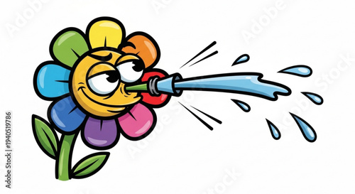 Colorful cartoon flower character watering itself with a hose smiling and playful