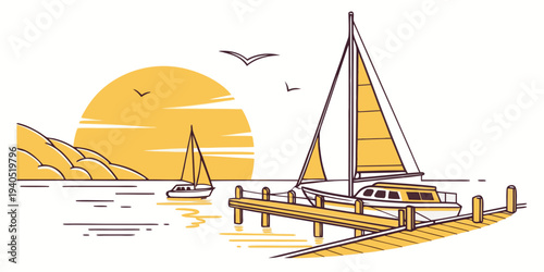 Serene harbor dock at sunrise with golden reflections on calm water, sailboats and seagulls.