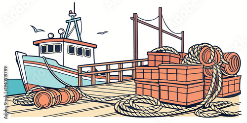 Fishing boat docked at a harbor with crates and ropes on the pier, seagulls flying overhead, nautical scene.