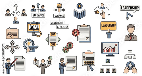 A collection of business strategy and leadership icons in a flat, minimal design style