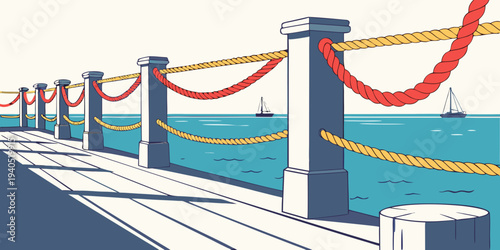 Illustration of a harbor dock with colorful ropes and a vivid blue sea, featuring a sailboat in the background.