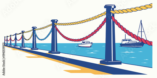 Harbor dock with colorful ropes and vivid blue sea, boats moored at a marina with nautical ropes and posts.