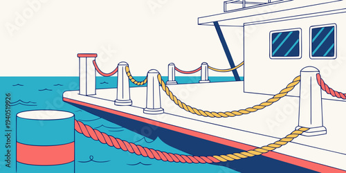 Illustration of a harbor dock with colorful ropes and a vivid blue sea on a sunny day.