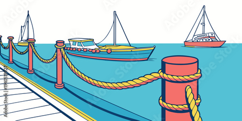 Serene harbor scene with vibrant ropes and boats on a bright blue sea, perfect for nautical themes and travel inspiration.