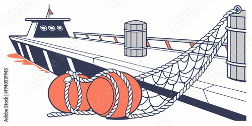 Illustration of a harbor dock with fishing nets and orange buoys on a moored boat, nautical scene.
