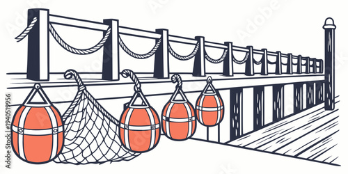 Illustration of a harbor dock with fishing nets and orange buoys hanging from a wooden pier railing.