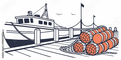 Fishing boat docked at harbor with orange buoys and nets on wooden pier, seagulls flying overhead.